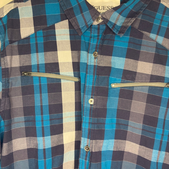 GUESS Men’s Large Blue Plaid Long Sleeve Button-Down Shirt - Picture 3 of 9